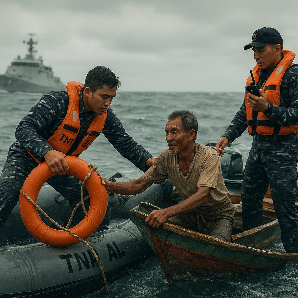 Prajurit TNI AL Selamatkan Kapal Nelayan yang Terombang-ambing di Laut Natuna