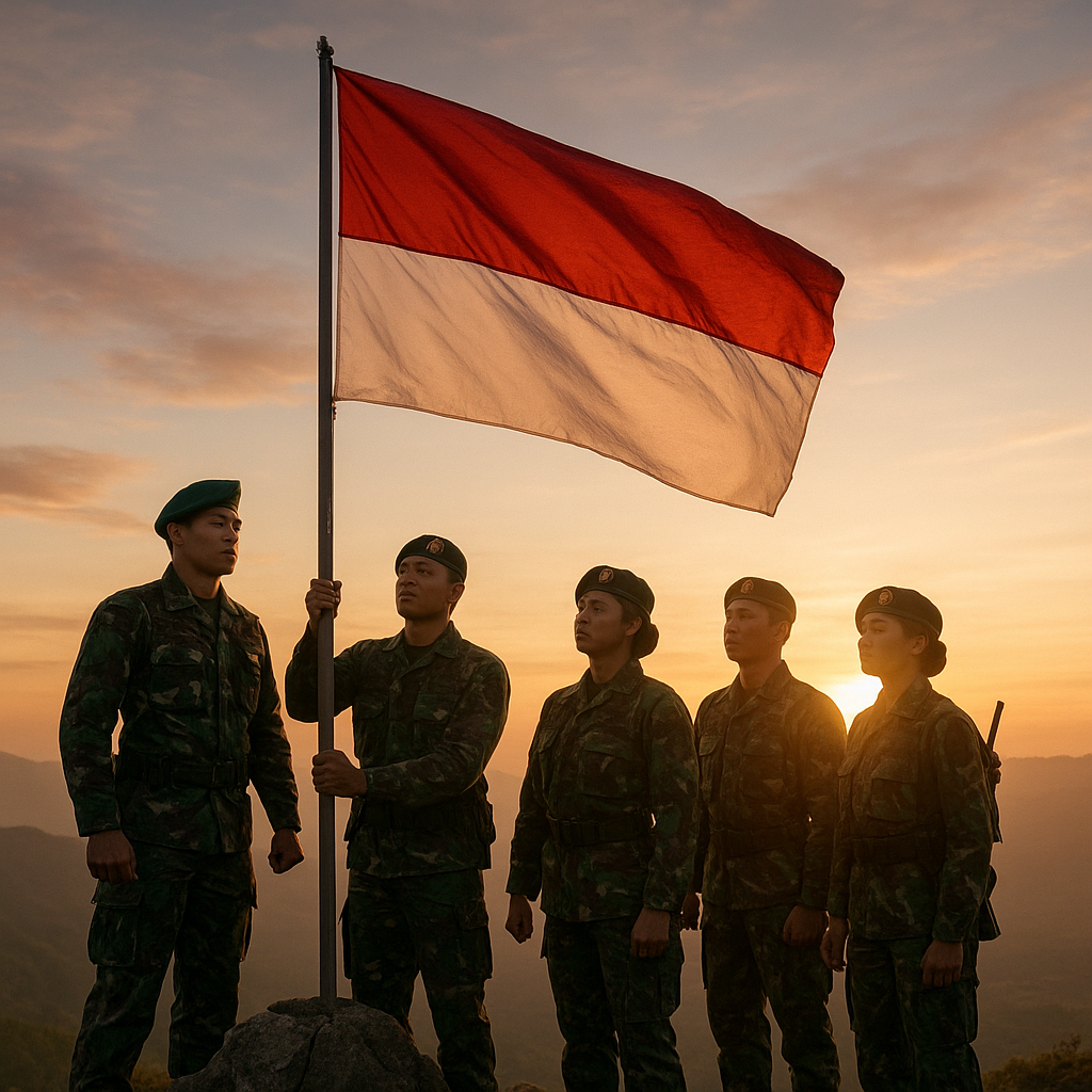 Upacara HUT RI ke-81, Prajurit TNI di Perbatasan Kibarkan Bendera di Puncak Gunung