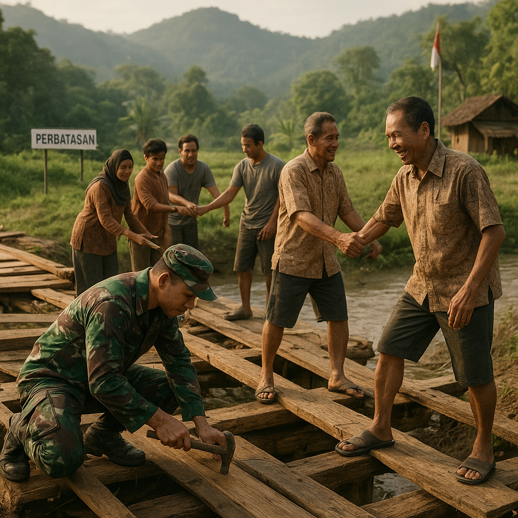 Prajurit TNI Bantu Warga Perbaiki Jembatan Rusak di Perbatasan
