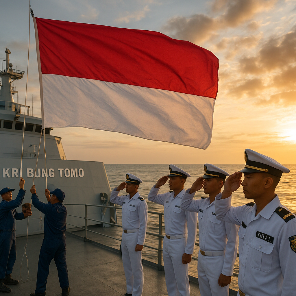 Peringatan 17 Agustus di KRI Bung Tomo, Prajurit TNI AL Kibarkan Bendera di Laut