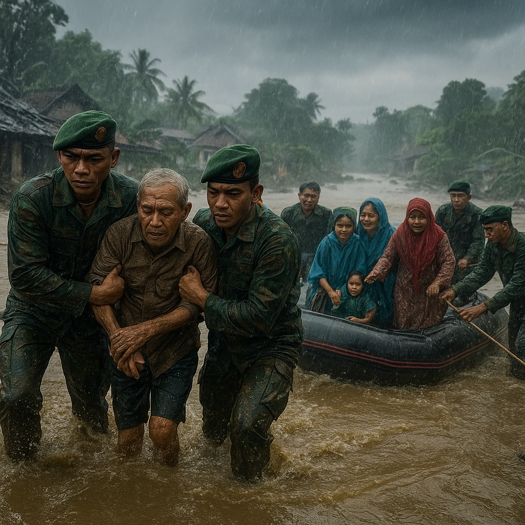 Prajurit TNI AD Berhasil Evakuasi 200 Warga di Tengah Banjir Bandang