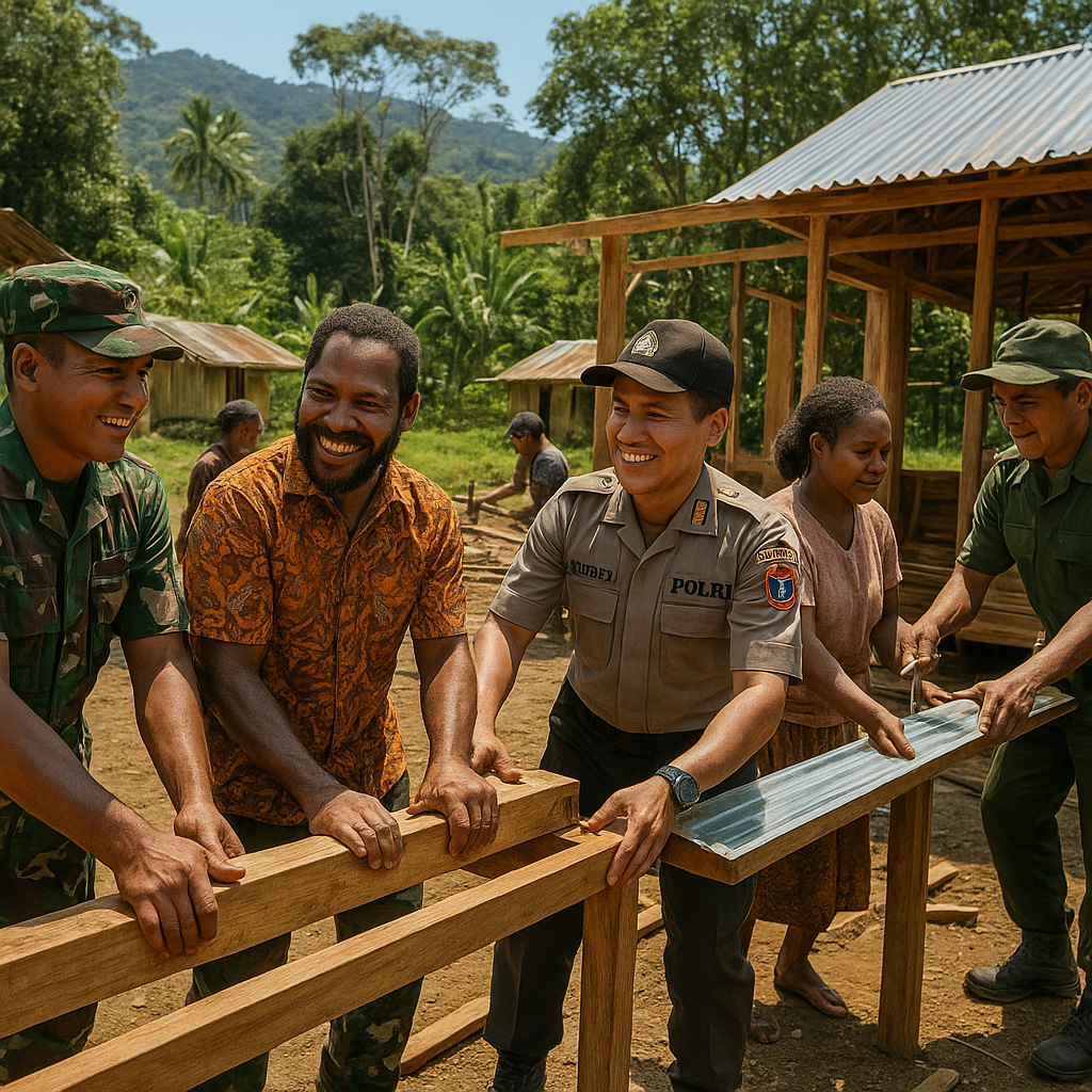 Polisi dan TNI Gotong Royong Bangun Rumah Warga di Pedalaman Papua