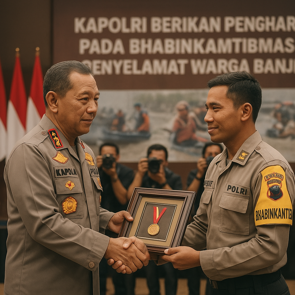 Kapolri Beri Penghargaan pada Bhabinkamtibmas Penyelamat Warga Banjir