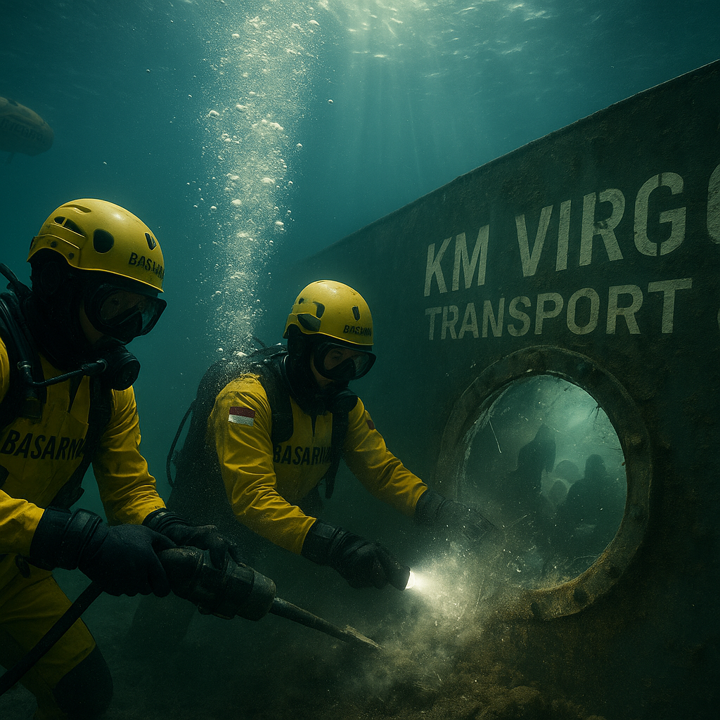 Dramatis! Penampakan Penyelam BSG Basarnas Pecahkan Kaca KM Virgo Transport 8, Masuk Cari Korban
