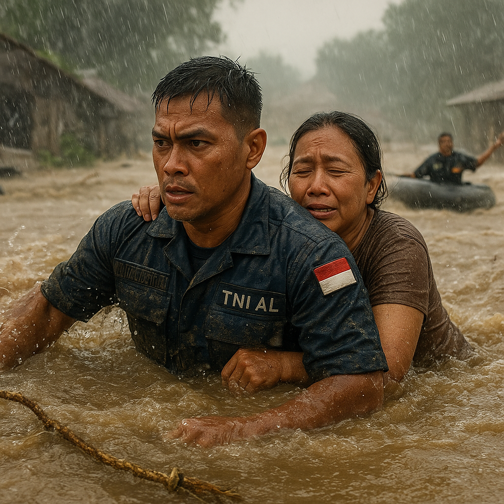 Prajurit TNI AL Evakuasi Korban Banjir di Sulawesi Tengah, Nekat Berenang di Arus Deras